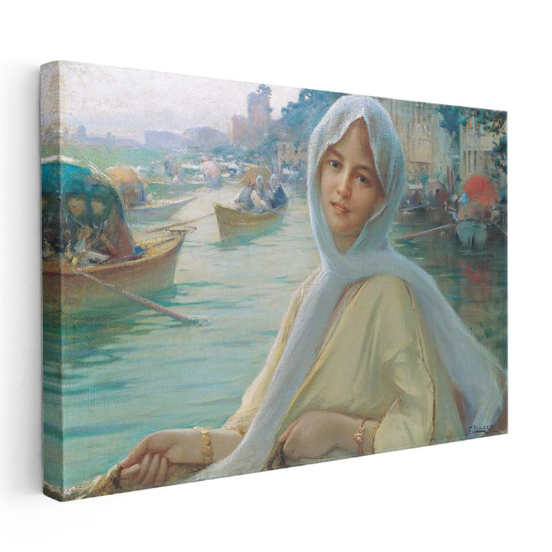 Yatay Kanvas Tablo Osmanlı Kayıkta Kadın Portresi Boğaz Sahnesi Ev Ofis Duvar Dekoru