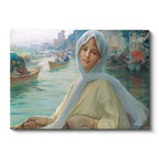 Yatay Kanvas Tablo Osmanlı Kayıkta Kadın Portresi Boğaz Sahnesi Ev Ofis Duvar Dekoru