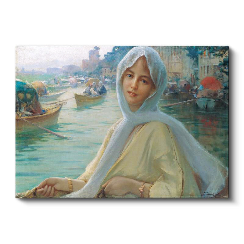 Yatay Kanvas Tablo Osmanlı Kayıkta Kadın Portresi Boğaz Sahnesi Ev Ofis Duvar Dekoru