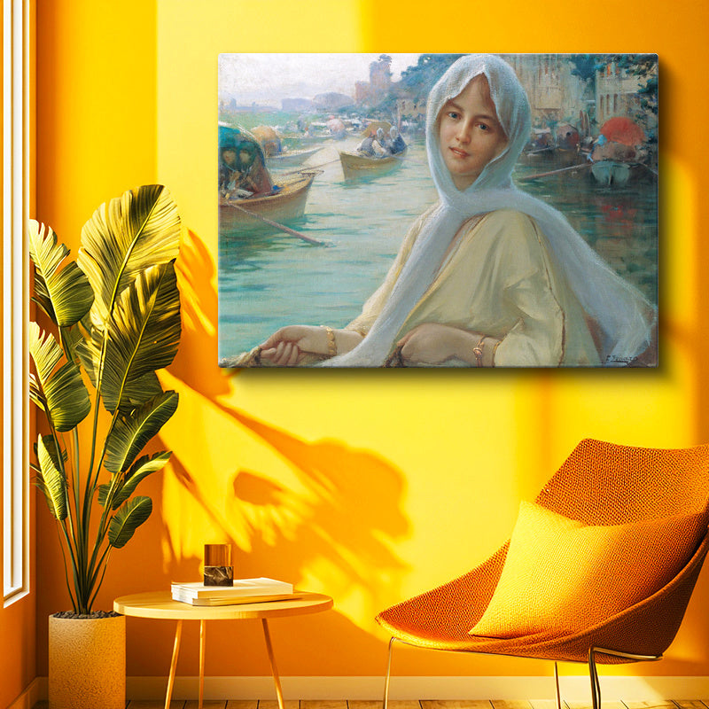 Yatay Kanvas Tablo Osmanlı Kayıkta Kadın Portresi Boğaz Sahnesi Ev Ofis Duvar Dekoru