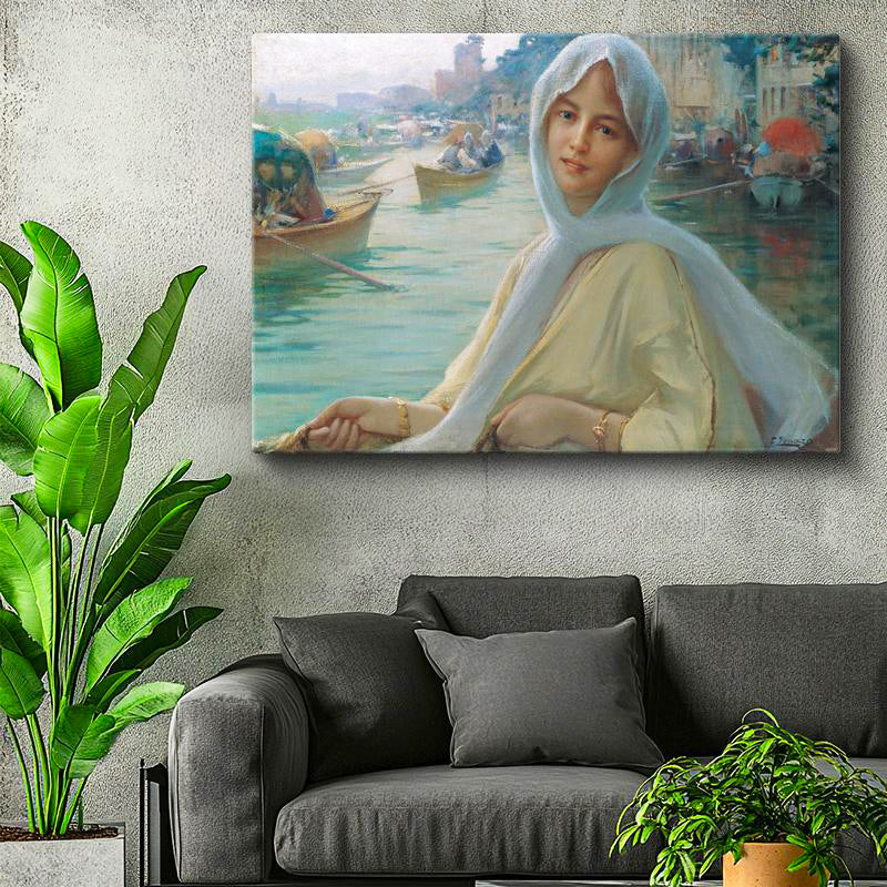 Yatay Kanvas Tablo Osmanlı Kayıkta Kadın Portresi Boğaz Sahnesi Ev Ofis Duvar Dekoru