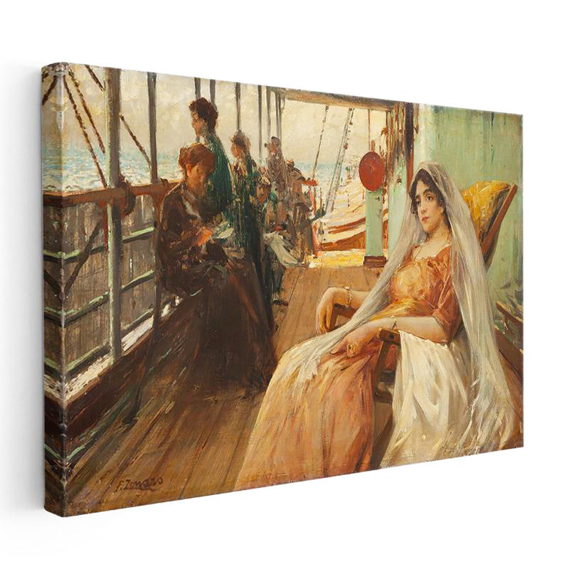 Yatay Kanvas Tablo Osmanlı Vapuru Güvertesinde Kadın Figürü Sahnesi Ev Ofis Duvar Dekoru