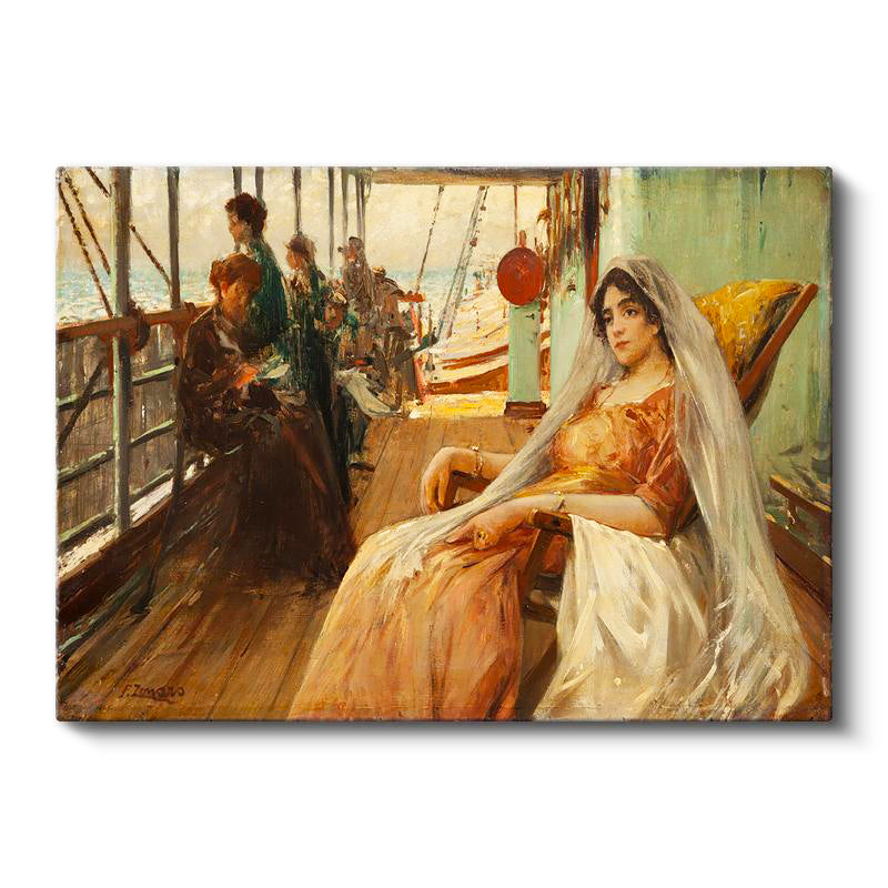 Yatay Kanvas Tablo Osmanlı Vapuru Güvertesinde Kadın Figürü Sahnesi Ev Ofis Duvar Dekoru