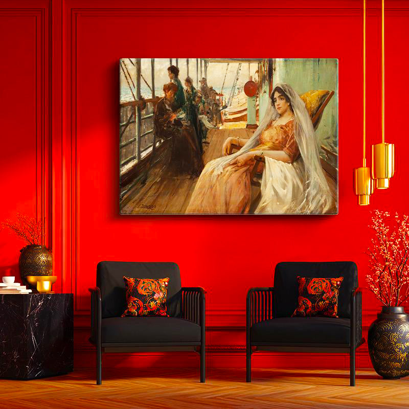 Yatay Kanvas Tablo Osmanlı Vapuru Güvertesinde Kadın Figürü Sahnesi Ev Ofis Duvar Dekoru