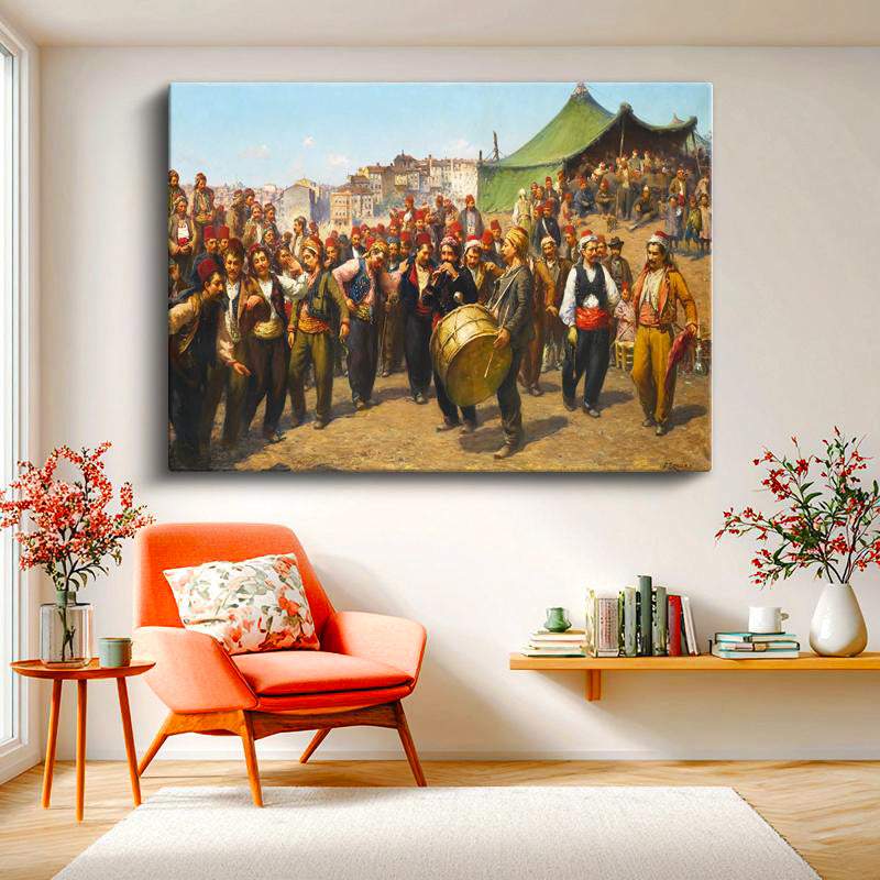 Yatay Kanvas Tablo Osmanlı Halk Şenliği Davul Zurna Sahnesi Ev Ofis Duvar Dekoru