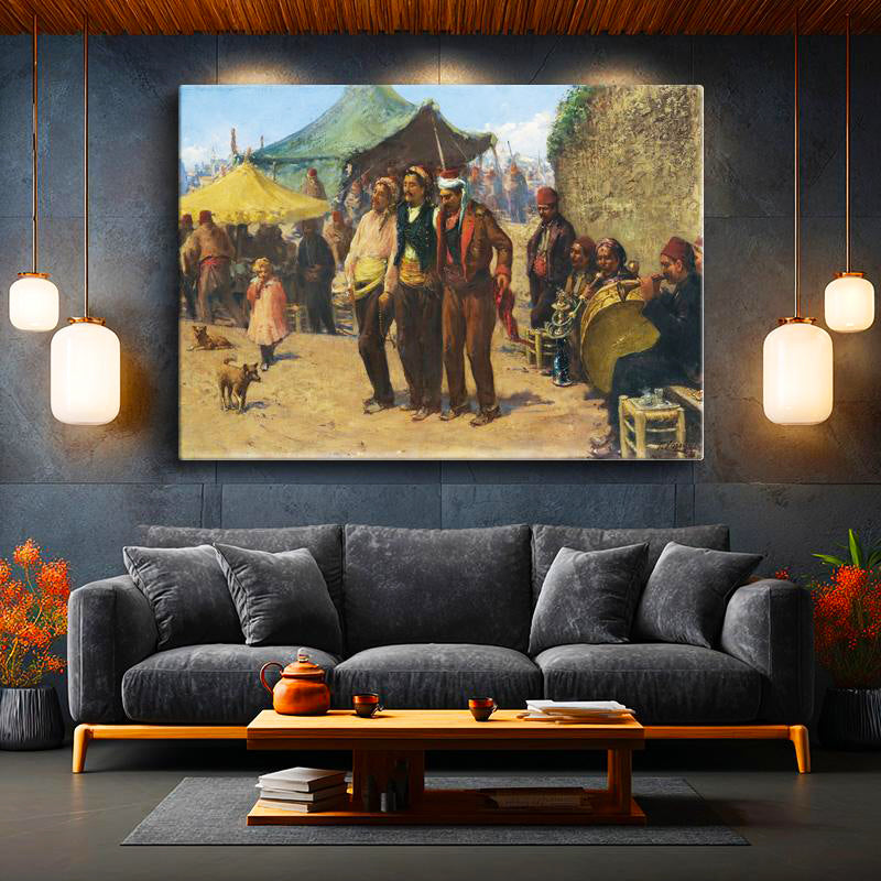 Yatay Kanvas Tablo Osmanlı Panayır Eğlencesi Müzik Sahnesi Ev Ofis Duvar Dekoru