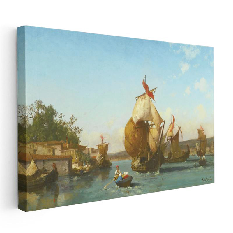 Yatay Kanvas Tablo Osmanlı Yelkenli Tekneler Kıyı Sahnesi Ev Ofis Duvar Dekoru