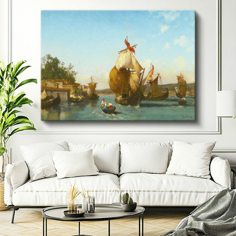 Yatay Kanvas Tablo Osmanlı Yelkenli Tekneler Kıyı Sahnesi Ev Ofis Duvar Dekoru