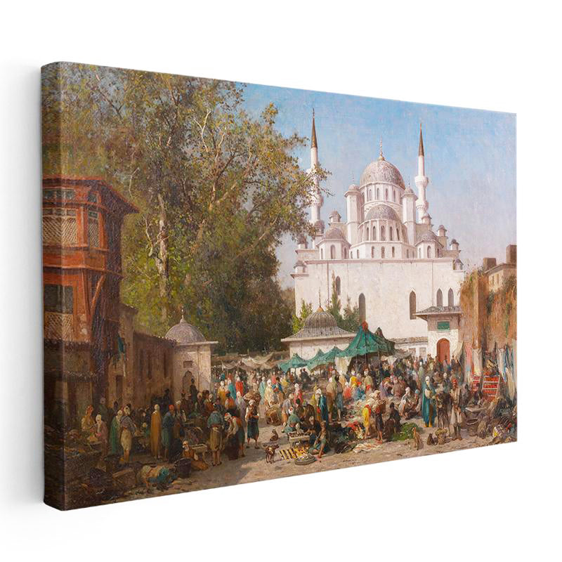 Yatay Kanvas Tablo Osmanlı Cami Önü Pazar Kalabalığı Sahnesi Ev Ofis Duvar Dekoru