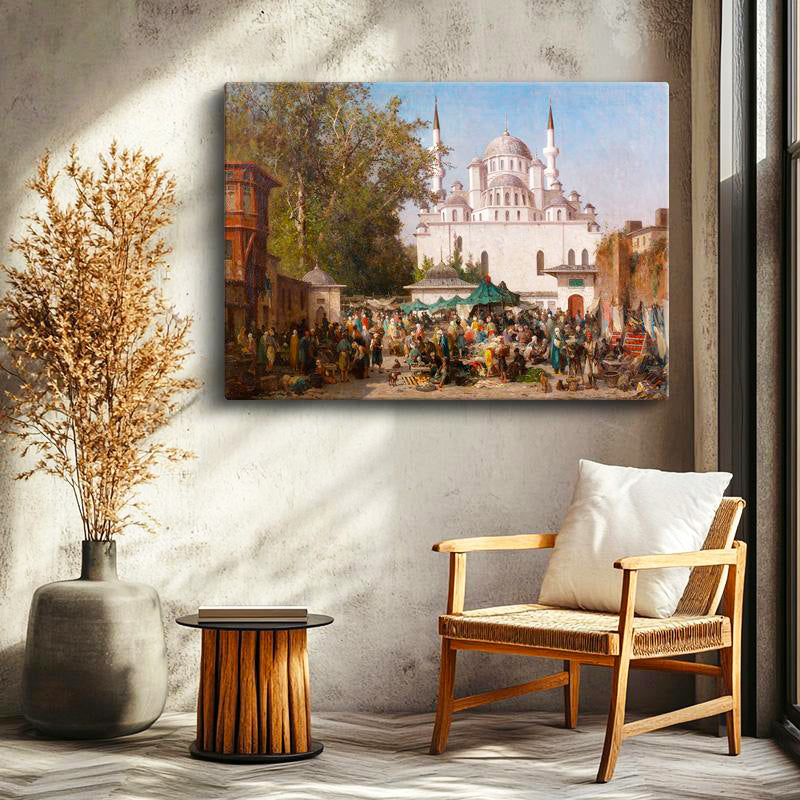 Yatay Kanvas Tablo Osmanlı Cami Önü Pazar Kalabalığı Sahnesi Ev Ofis Duvar Dekoru