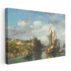 Yatay Kanvas Tablo Osmanlı Kıyı Yerleşimi Yelkenli Sahnesi Ev Ofis Duvar Dekoru