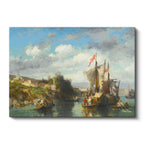 Yatay Kanvas Tablo Osmanlı Kıyı Yerleşimi Yelkenli Sahnesi Ev Ofis Duvar Dekoru