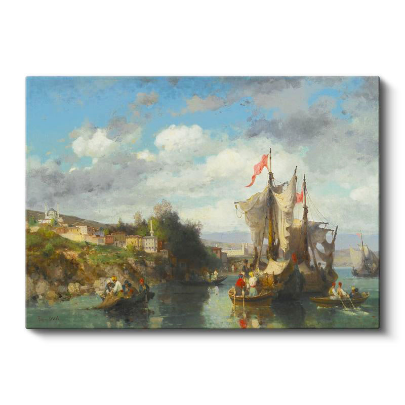 Yatay Kanvas Tablo Osmanlı Kıyı Yerleşimi Yelkenli Sahnesi Ev Ofis Duvar Dekoru