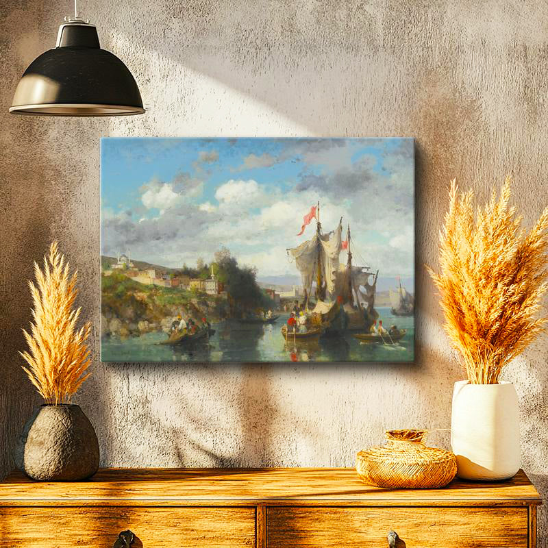 Yatay Kanvas Tablo Osmanlı Kıyı Yerleşimi Yelkenli Sahnesi Ev Ofis Duvar Dekoru