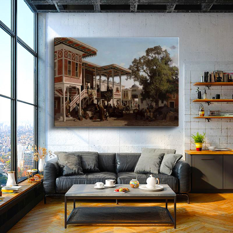 Yatay Kanvas Tablo Osmanlı Saray Avlusu Günlük Yaşam Sahnesi Ev Ofis Duvar Dekoru
