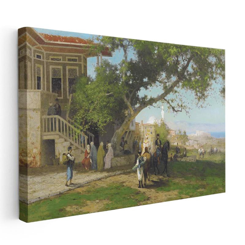 Yatay Kanvas Tablo Osmanlı Köşk Bahçesi Atlı Ziyaret Sahnesi Ev Ofis Duvar Dekoru