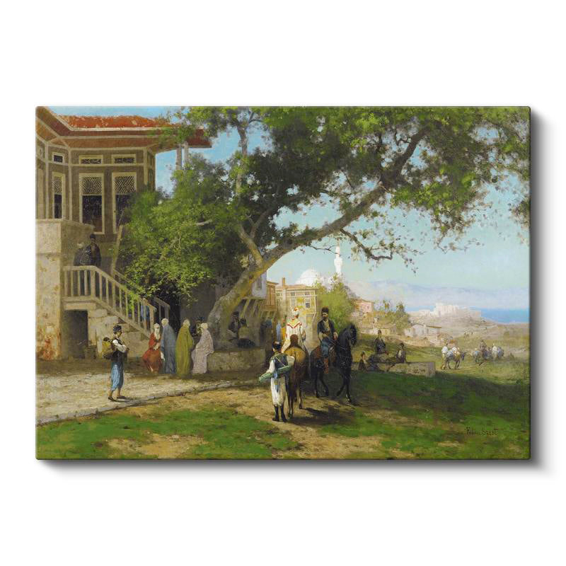 Yatay Kanvas Tablo Osmanlı Köşk Bahçesi Atlı Ziyaret Sahnesi Ev Ofis Duvar Dekoru