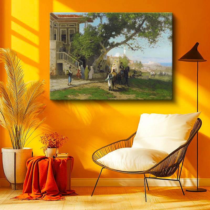 Yatay Kanvas Tablo Osmanlı Köşk Bahçesi Atlı Ziyaret Sahnesi Ev Ofis Duvar Dekoru
