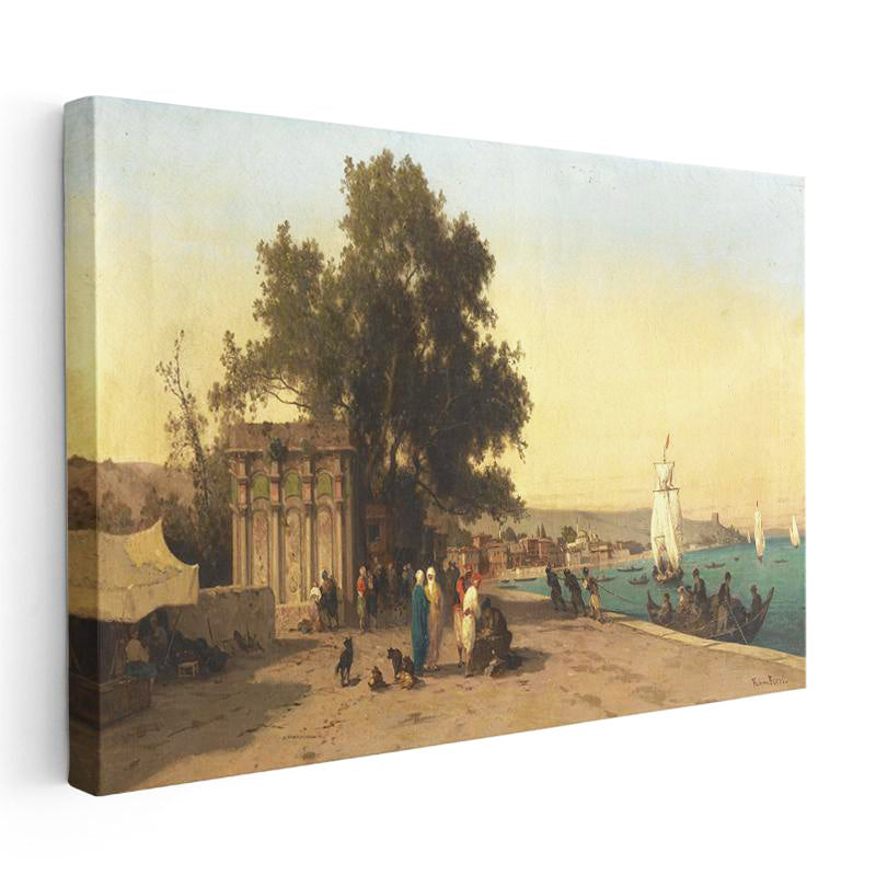 Yatay Kanvas Tablo Osmanlı Sahil Köşkü ve Kayıklar Sahnesi Ev Ofis Duvar Dekoru