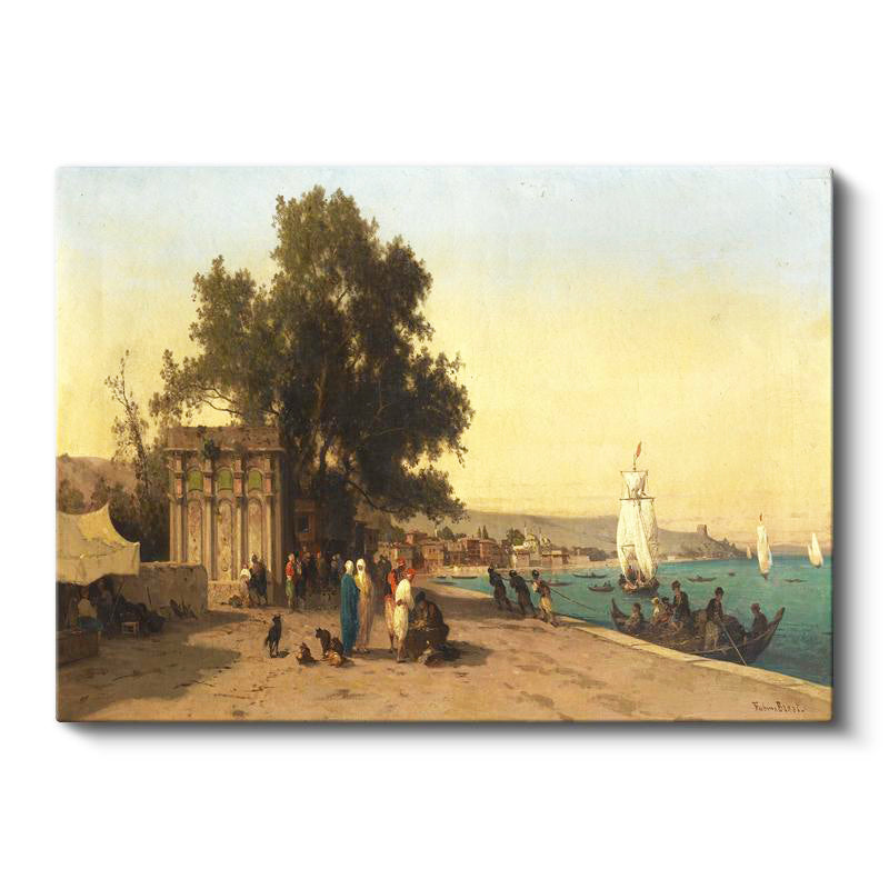 Yatay Kanvas Tablo Osmanlı Sahil Köşkü ve Kayıklar Sahnesi Ev Ofis Duvar Dekoru