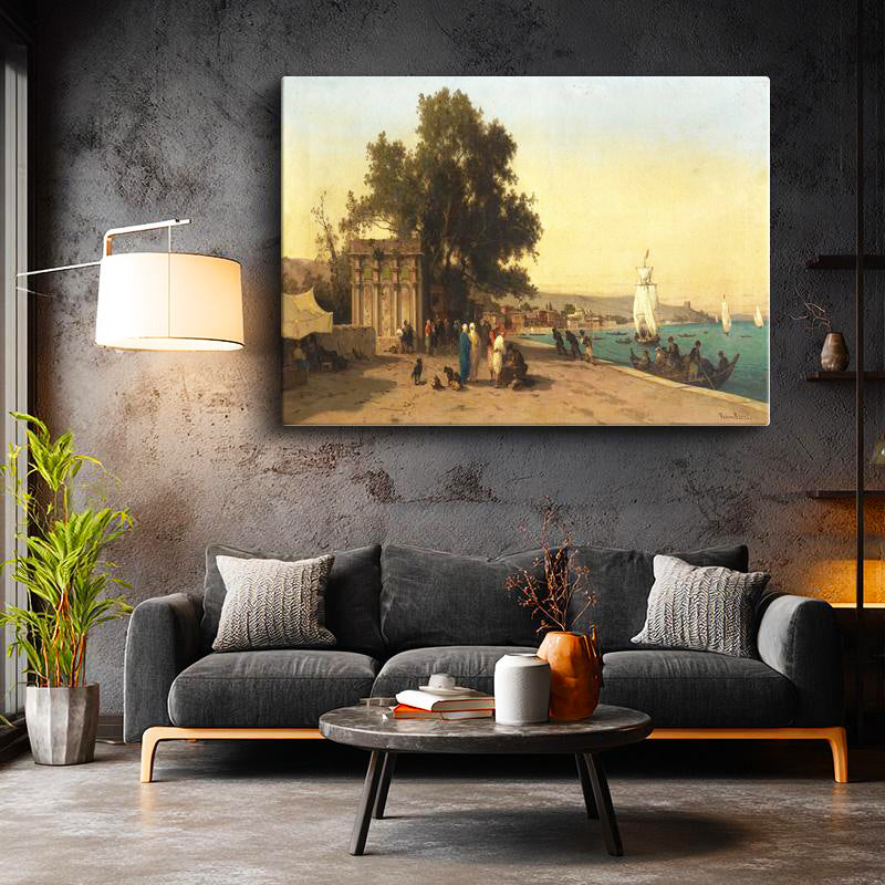 Yatay Kanvas Tablo Osmanlı Sahil Köşkü ve Kayıklar Sahnesi Ev Ofis Duvar Dekoru