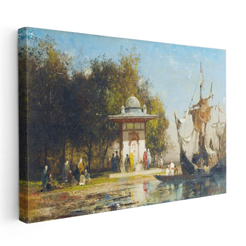 Yatay Kanvas Tablo Osmanlı Kıyı Çeşmesi ve Yelkenli Sahnesi Ev Ofis Duvar Dekoru