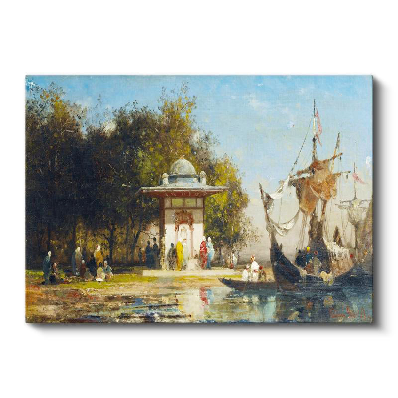 Yatay Kanvas Tablo Osmanlı Kıyı Çeşmesi ve Yelkenli Sahnesi Ev Ofis Duvar Dekoru