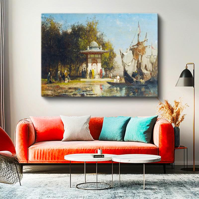 Yatay Kanvas Tablo Osmanlı Kıyı Çeşmesi ve Yelkenli Sahnesi Ev Ofis Duvar Dekoru