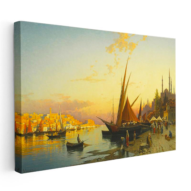 Yatay Kanvas Tablo İstanbul Gün Batımı Yelkenli Liman Sahnesi Ev Ofis Duvar Dekoru