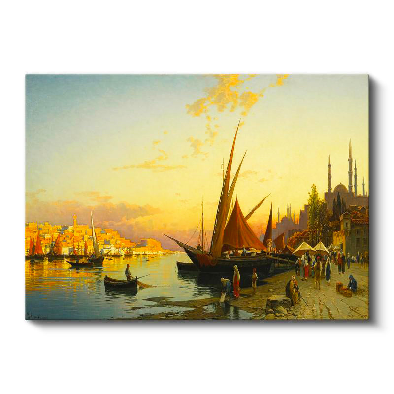 Yatay Kanvas Tablo İstanbul Gün Batımı Yelkenli Liman Sahnesi Ev Ofis Duvar Dekoru
