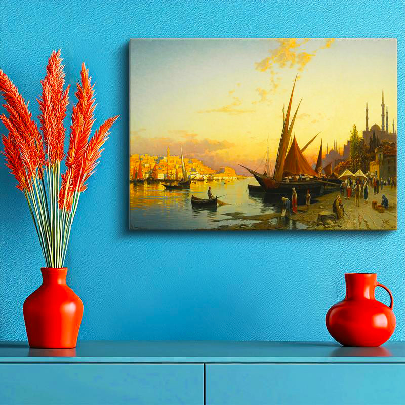Yatay Kanvas Tablo İstanbul Gün Batımı Yelkenli Liman Sahnesi Ev Ofis Duvar Dekoru