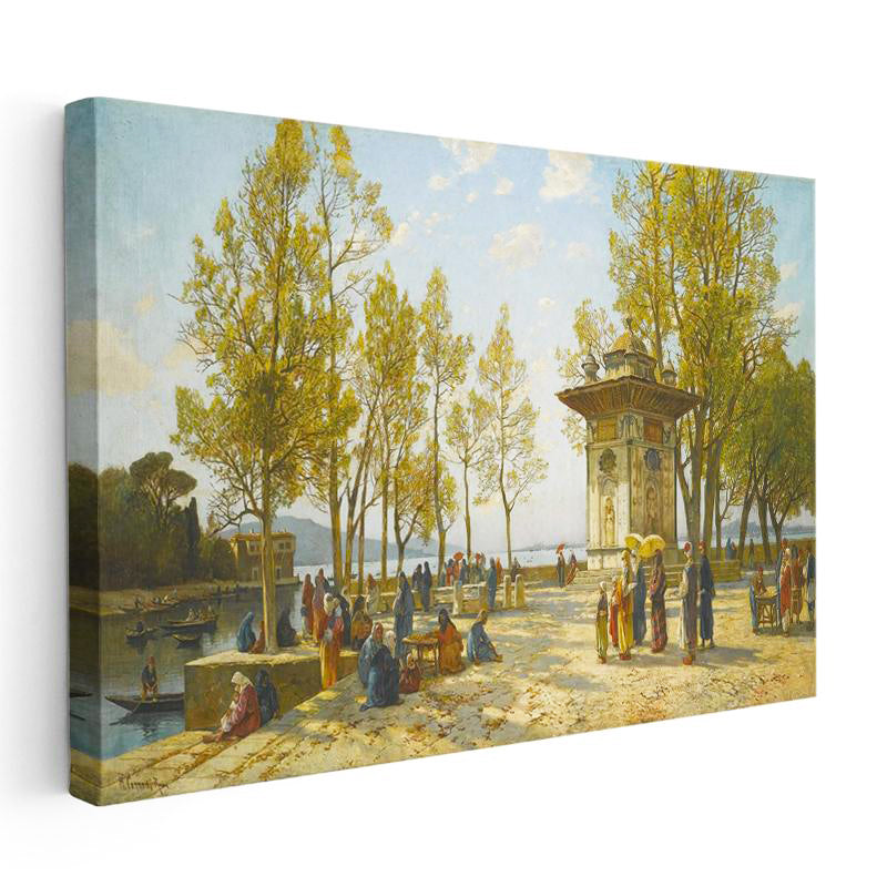 Yatay Kanvas Tablo Osmanlı Park Çeşmesi Günlük Yaşam Sahnesi Ev Ofis Duvar Dekoru