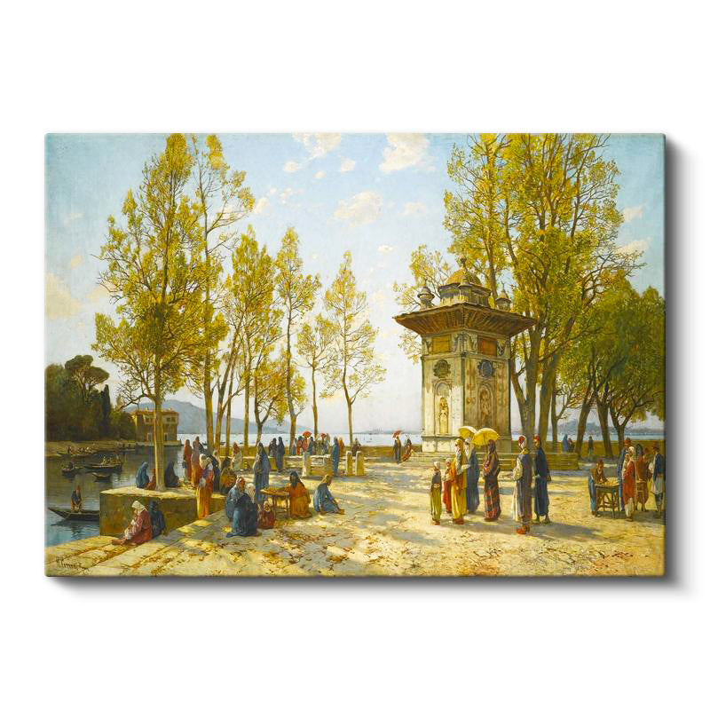 Yatay Kanvas Tablo Osmanlı Park Çeşmesi Günlük Yaşam Sahnesi Ev Ofis Duvar Dekoru
