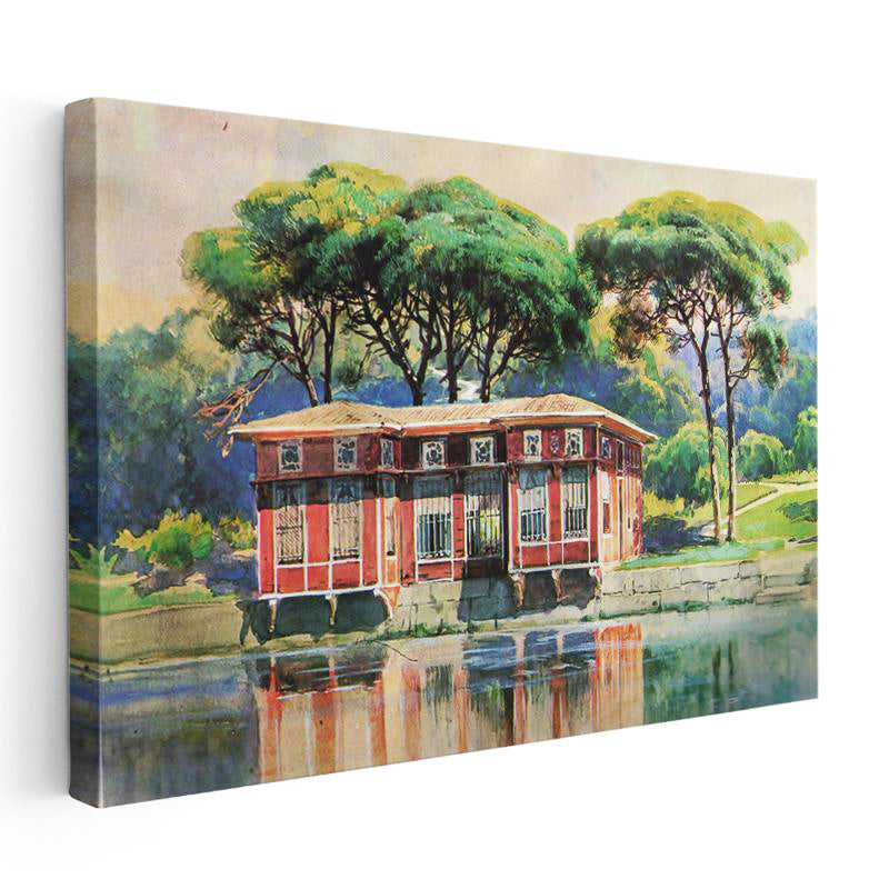 Yatay Kanvas Tablo Osmanlı Yalı Köşkü Göl Yansıması Sahnesi Ev Ofis Duvar Dekoru