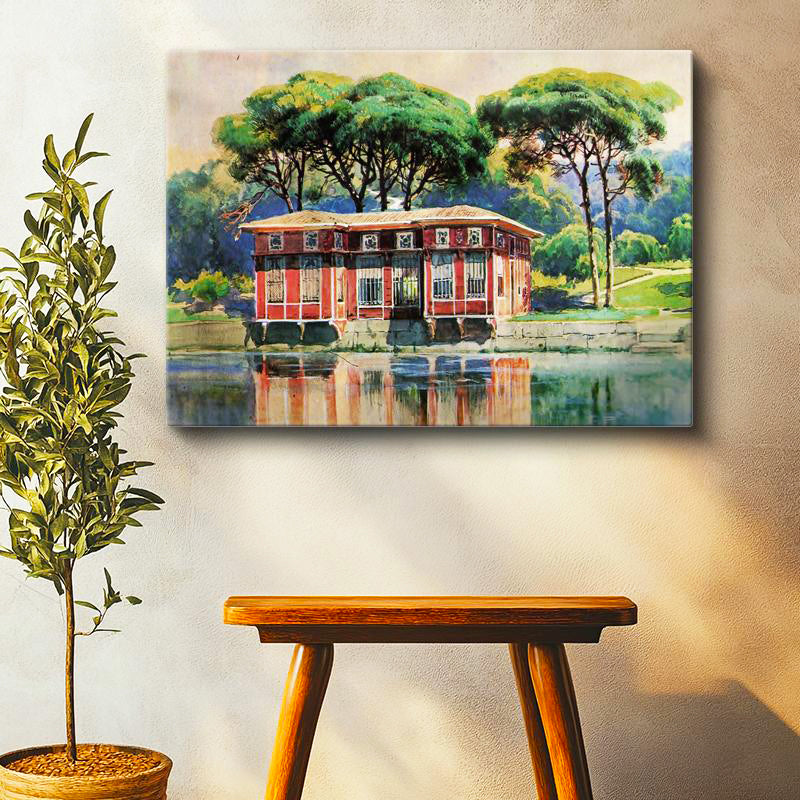 Yatay Kanvas Tablo Osmanlı Yalı Köşkü Göl Yansıması Sahnesi Ev Ofis Duvar Dekoru