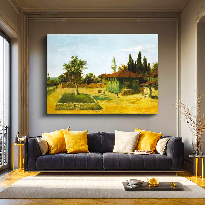 Yatay Kanvas Tablo Osmanlı Kırsal Yerleşim ve Cami Avlusu Sahnesi Ev Ofis Duvar Dekoru