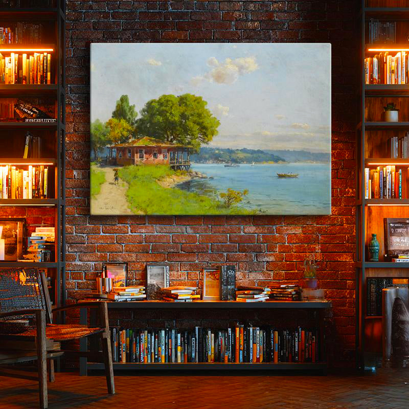 Yatay Kanvas Tablo Osmanlı Sahil Köşkü Doğa ve Deniz Manzarası Ev Ofis Duvar Dekoru