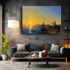 Yatay Kanvas Tablo İstanbul Limanı Gün Batımı Yelkenli Sahnesi Ev Ofis Duvar Dekoru