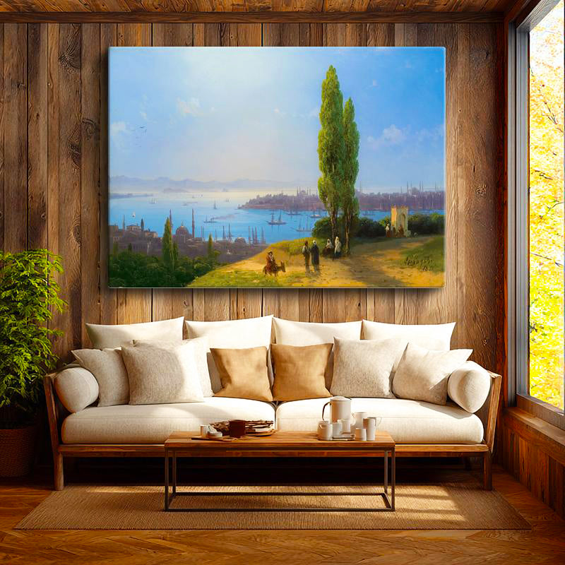 Yatay Kanvas Tablo İstanbul Tepeden Şehir ve Boğaz Manzarası Ev Ofis Duvar Dekoru