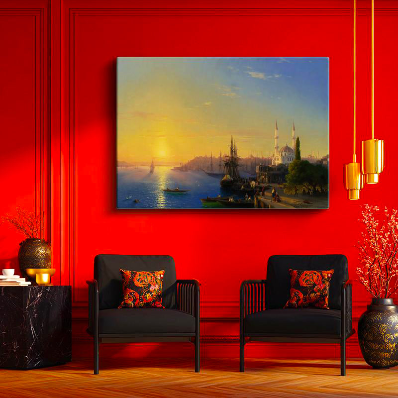 Yatay Kanvas Tablo Osmanlı Gün Batımı Liman ve İskele Sahnesi Ev Ofis Duvar Dekoru