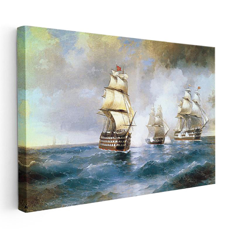 Yatay Kanvas Tablo Osmanlı Açık Deniz Yelkenli Savaş Gemileri Sahnesi Ev Ofis Duvar Dekoru