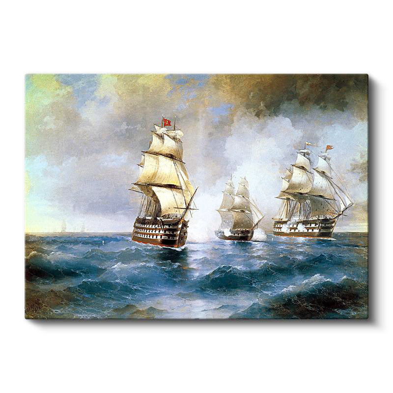 Yatay Kanvas Tablo Osmanlı Açık Deniz Yelkenli Savaş Gemileri Sahnesi Ev Ofis Duvar Dekoru