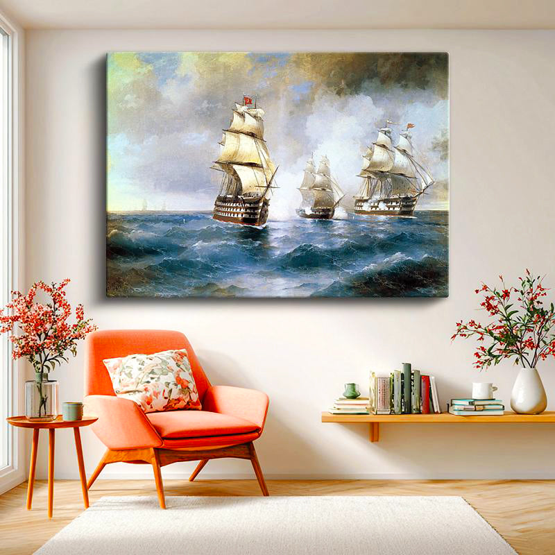 Yatay Kanvas Tablo Osmanlı Açık Deniz Yelkenli Savaş Gemileri Sahnesi Ev Ofis Duvar Dekoru