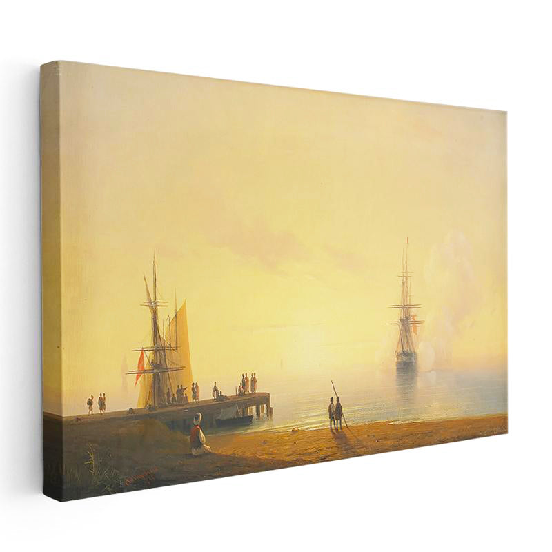 Yatay Kanvas Tablo Osmanlı Sisli Liman Sahnesi Yelkenli Gemiler Ev Ofis Duvar Dekoru