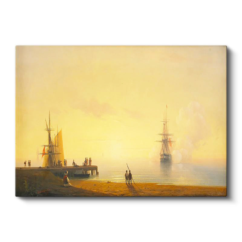 Yatay Kanvas Tablo Osmanlı Sisli Liman Sahnesi Yelkenli Gemiler Ev Ofis Duvar Dekoru