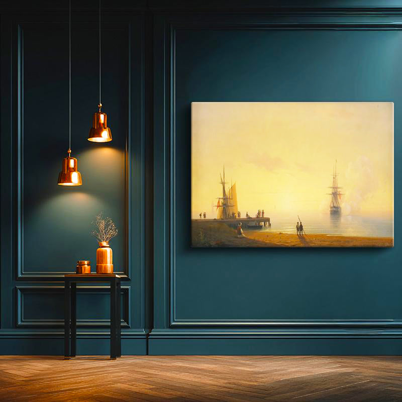 Yatay Kanvas Tablo Osmanlı Sisli Liman Sahnesi Yelkenli Gemiler Ev Ofis Duvar Dekoru
