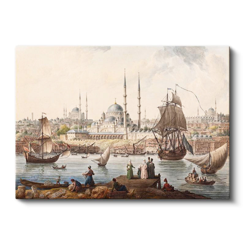 Yatay Kanvas Tablo İstanbul Boğazı Tarihi Gemi ve İskele Sahnesi Ev Ofis Duvar Dekoru