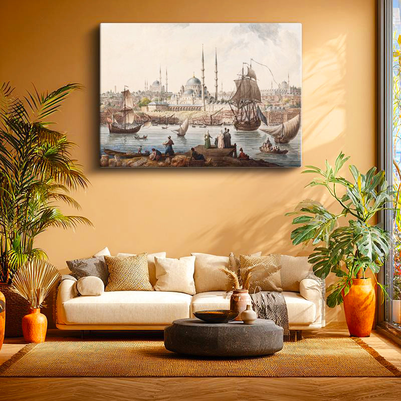 Yatay Kanvas Tablo İstanbul Boğazı Tarihi Gemi ve İskele Sahnesi Ev Ofis Duvar Dekoru