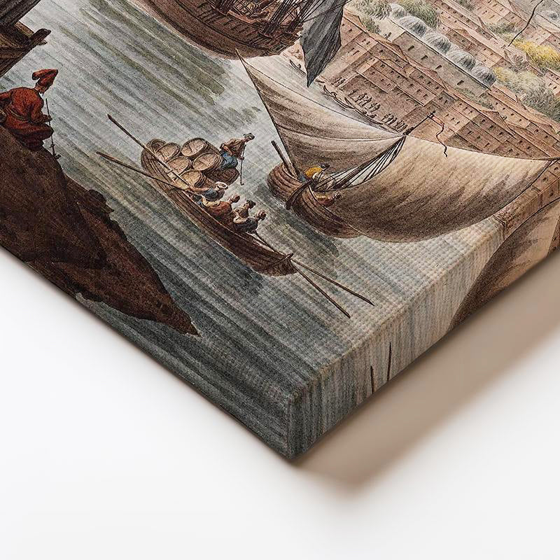 Yatay Kanvas Tablo İstanbul Boğazı Tarihi Gemi ve İskele Sahnesi Ev Ofis Duvar Dekoru