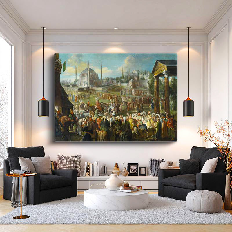 Yatay Kanvas Tablo Osmanlı Saray Önü Resmi Alay Sahnesi Ev Ofis Duvar Dekoru